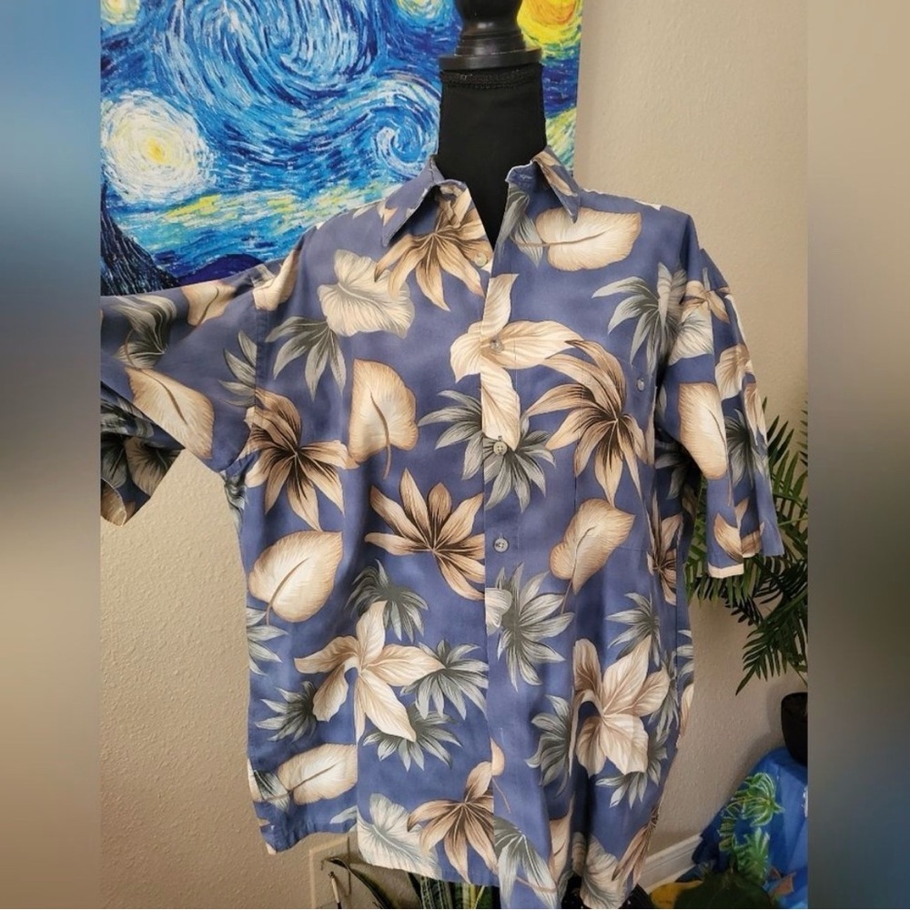 Pierre Cardin Blue Floral Tropical Short-Sleeve Button-Down Shirt